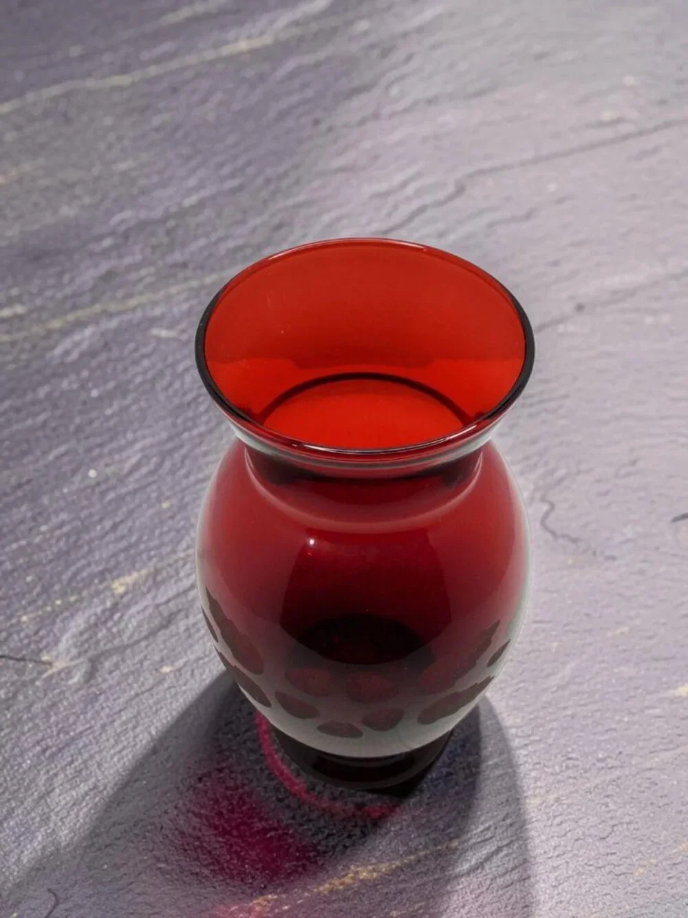vintage anchor hocking ruby red etched flower glass vase